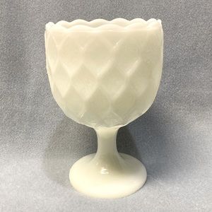 White milk glass compote or goblet with a quilted diamond pattern. Milk Glass
